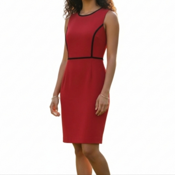 Kasper Dress Size 10P Red Black Trim Sleeveless Kick Pleat Back Zipper Lined - Picture 10 of 10